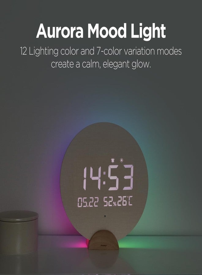 mooas ساعة حائط رقمية خشبية صامتة بتقنية LED، مزودة بإضاءة ليلية على شكل قمر مكتمل وشفق قطبي، مع جهاز تحكم عن بعد، ومقياس لدرجة الحرارة والرطوبة، وإضاءة خلفية بـ 12 لونًا مزاجيًا، ومؤقت منبه لشروق الشمس، وخاصية السطوع التلقائي، مناسبة لغرف النوم والمعيشة. - Image 2