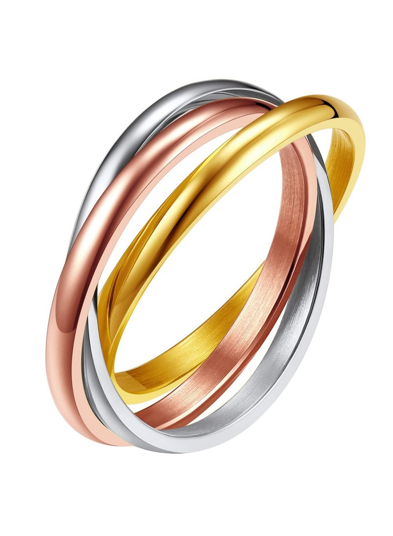 Excefore خواتم ثلاثية الأشرطة متشابكة من الفولاذ المقاوم للصدأ للنساء والفتيات، خاتم زفاف روسي ثلاثي الألوان، مقاس 4 إلى 12، مع صندوق هدايا - Image 1