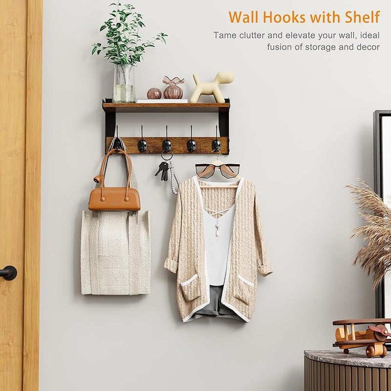 FNBAR Rustic Wall Mounted Coat Rack with Shelf, 16 x 7.28 inch, 5 Metal Hooks, Wood and Black Metal (16 inch Long) - Image 2
