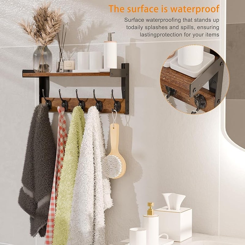 FNBAR Rustic Wall Mounted Coat Rack with Shelf, 16 x 7.28 inch, 5 Metal Hooks, Wood and Black Metal (16 inch Long) - Image 4