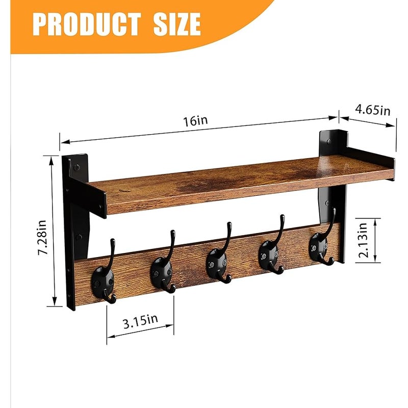 FNBAR Rustic Wall Mounted Coat Rack with Shelf, 16 x 7.28 inch, 5 Metal Hooks, Wood and Black Metal (16 inch Long) - Image 3