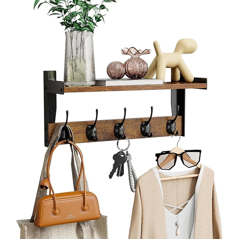 FNBAR Rustic Wall Mounted Coat Rack with Shelf, 16 x 7.28 inch, 5 Metal Hooks, Wood and Black Metal (16 inch Long) - Image 1