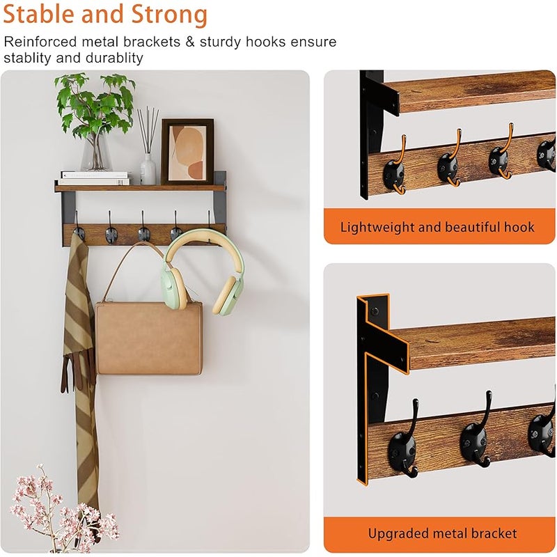 FNBAR Rustic Wall Mounted Coat Rack with Shelf, 16 x 7.28 inch, 5 Metal Hooks, Wood and Black Metal (16 inch Long) - Image 5