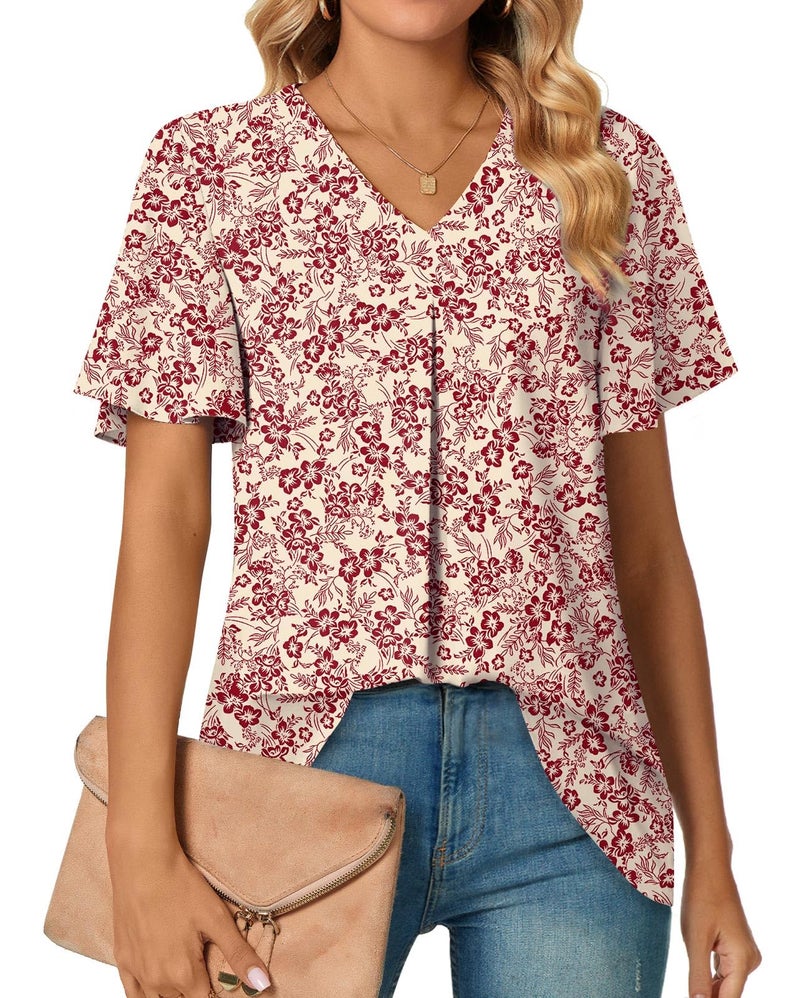Anyally Women's Summer Dressy Chiffon Blouses Plus Size V Neck Ruffle Short Sleeve Tunic Tops for Leggings Casual T-Shirts, 2XL Red Flower White - Image 1