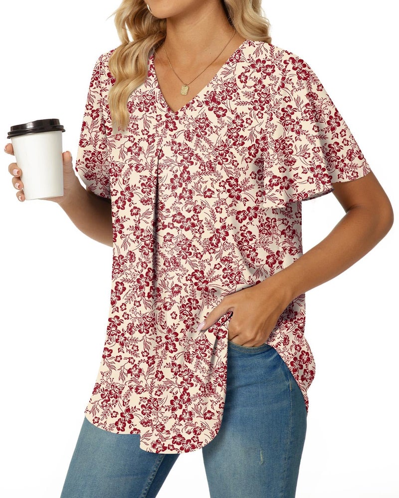 Anyally Women's Summer Dressy Chiffon Blouses Plus Size V Neck Ruffle Short Sleeve Tunic Tops for Leggings Casual T-Shirts, 2XL Red Flower White - Image 3