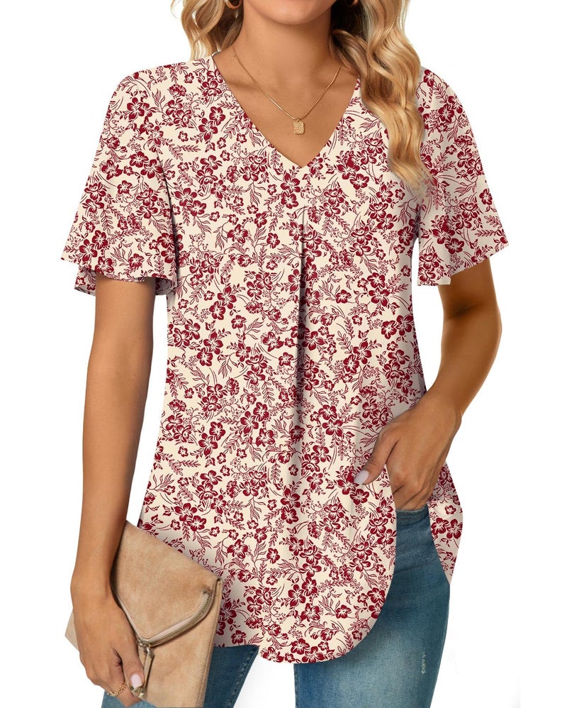 Anyally Women's Summer Dressy Chiffon Blouses Plus Size V Neck Ruffle Short Sleeve Tunic Tops for Leggings Casual T-Shirts, 2XL Red Flower White - Image 2
