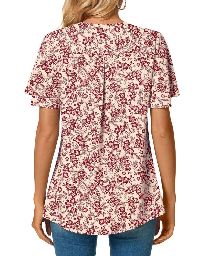 Anyally Women's Summer Dressy Chiffon Blouses Plus Size V Neck Ruffle Short Sleeve Tunic Tops for Leggings Casual T-Shirts, 2XL Red Flower White - Image 4