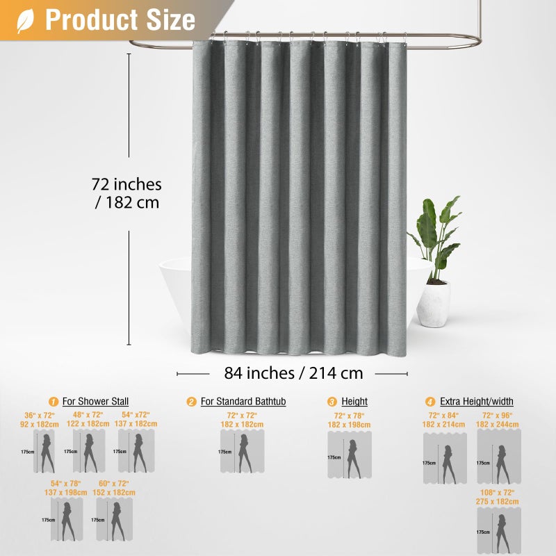 BTTN Wide Shower Curtain - W84xH72 Inch Linen Textured Heavy Duty Fabric Shower Curtain Set with 14 Plastic Hooks  Large Hotel Spa Simple Waterproof Polyester Bath Curtains for Bathroom - Gray/Grey - Image 4