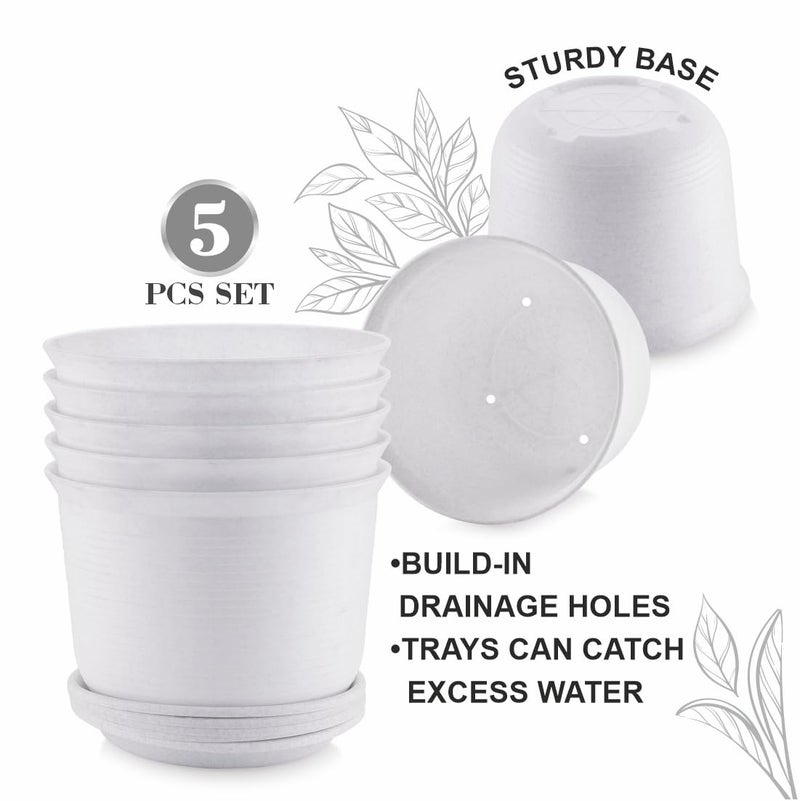 INKULTURE 10 Inch Plastic Round Flower Pots with Tray for Home Planters, Terrace, Garden Etc | Pack of 05 | White Marble Color | for Home Indoor & Outdoor Gardening Plants - Image 2