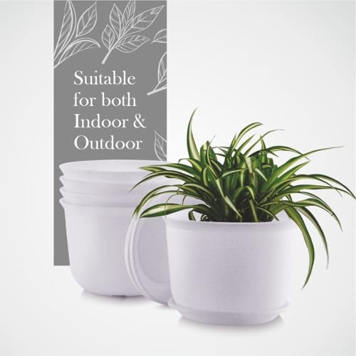 INKULTURE 10 Inch Plastic Round Flower Pots with Tray for Home Planters, Terrace, Garden Etc | Pack of 05 | White Marble Color | for Home Indoor & Outdoor Gardening Plants - Image 3
