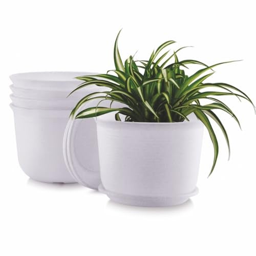 INKULTURE 10 Inch Plastic Round Flower Pots with Tray for Home Planters, Terrace, Garden Etc | Pack of 05 | White Marble Color | for Home Indoor & Outdoor Gardening Plants - Image 1