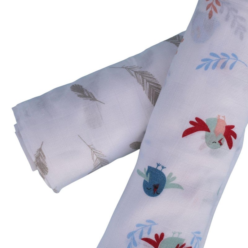 FawnFeel Swaddle for Newborn Baby Infants I 100 Bamboo Fabric I Breathable Soft Lightweight I Multipurpose Blanket Nursing Cover I Chirpy Bird Feather Print I Size 120x120cm Pack of 2