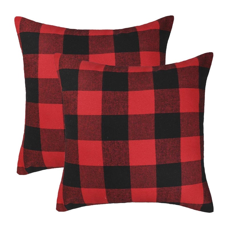4TH Emotion Set of 2 Christmas Buffalo Check Plaid Throw Pillow Covers Cushion Case Polyester for Farmhouse Home Decor Red and Black 20 x 20 Inches