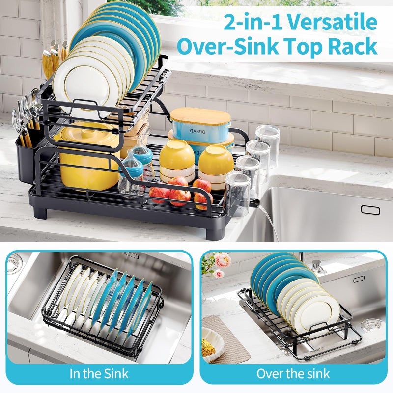 TOOLF Dish Drying Rack,2 Tier Dish Drying Rack with Large Drainboard,Dish Racks for Kitchen Counter and Sink,Stainless Steel Dish Drainers with Cup ï¼† Utensil Holders,Black - Image 2