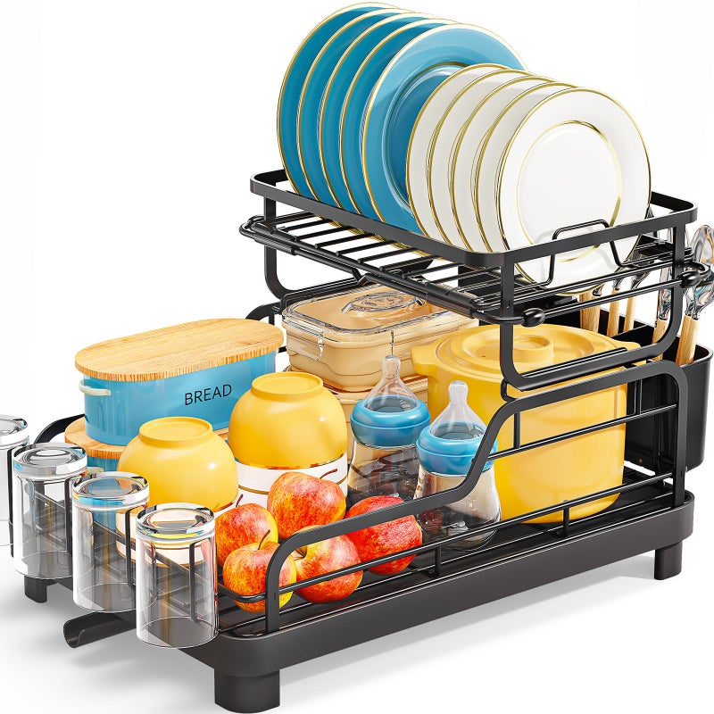 TOOLF Dish Drying Rack,2 Tier Dish Drying Rack with Large Drainboard,Dish Racks for Kitchen Counter and Sink,Stainless Steel Dish Drainers with Cup ï¼† Utensil Holders,Black - Image 1