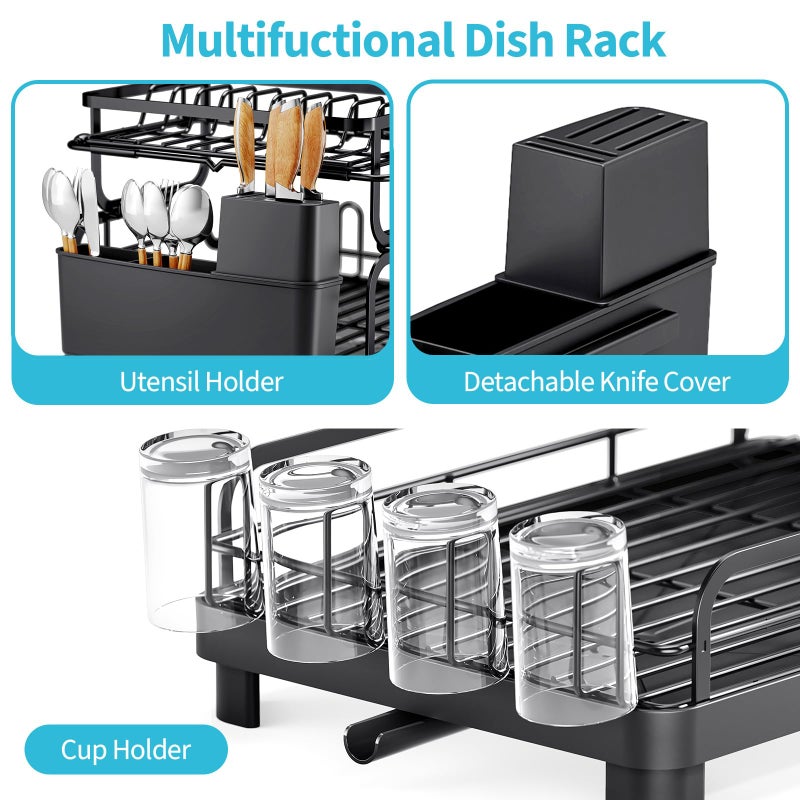 TOOLF Dish Drying Rack,2 Tier Dish Drying Rack with Large Drainboard,Dish Racks for Kitchen Counter and Sink,Stainless Steel Dish Drainers with Cup ï¼† Utensil Holders,Black - Image 5