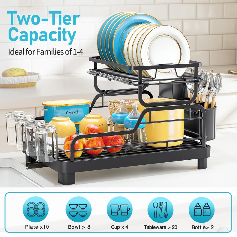 TOOLF Dish Drying Rack,2 Tier Dish Drying Rack with Large Drainboard,Dish Racks for Kitchen Counter and Sink,Stainless Steel Dish Drainers with Cup ï¼† Utensil Holders,Black - Image 3