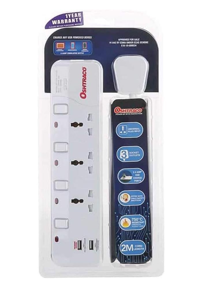 Oshtraco 3-Socket 2 Extension Lead with USB Ports