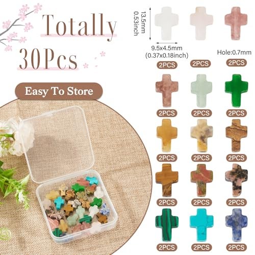 Spritewelry 30 Pcs Gemstone Cross Beads Small Crosses Crystal Stone Bead Turquoise Cross Beads Small Crucifix Charms for Easter Holiday Bracelet Necklace Jewelry Making - Image 2