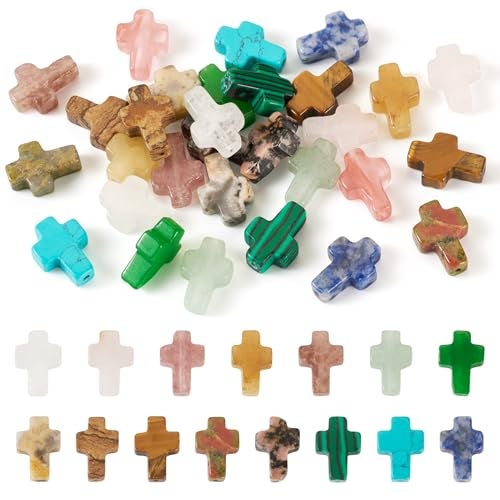 Spritewelry 30 Pcs Gemstone Cross Beads Small Crosses Crystal Stone Bead Turquoise Cross Beads Small Crucifix Charms for Easter Holiday Bracelet Necklace Jewelry Making - Image 1