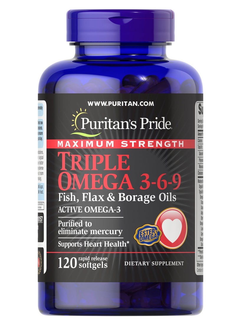 Puritan's Pride - Maximum Strength Triple Omega 3-6-9 Fish, Flax & Borage Oils 120 Softgels - Image 1
