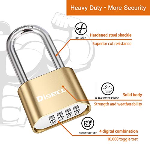 Disecu 1 Pack disecu Heavy Duty 4 Digit Combination Lock, 2.5 Inch Long Shackle Outdoor Waterproof Padlock for School Gym Locker, Storage Unit, Fence, Gate, Toolbox (Brass) - Image 3