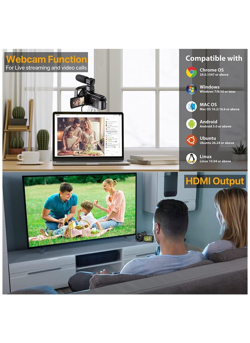 كاميرا فيديو 4K كاميرا فيديو بدقة 48 ميجابكسل فائقة الدقة وكاميرا تسجيل فيديو واي فاي لكاميرا فيديو رقمية YouTube 16X مع ميكروفون 6 محاور مضادة للاهتزاز ومسجل فيديو للرؤية الليلية بالأشعة تحت الحمراء (أحدث 4K Plus)