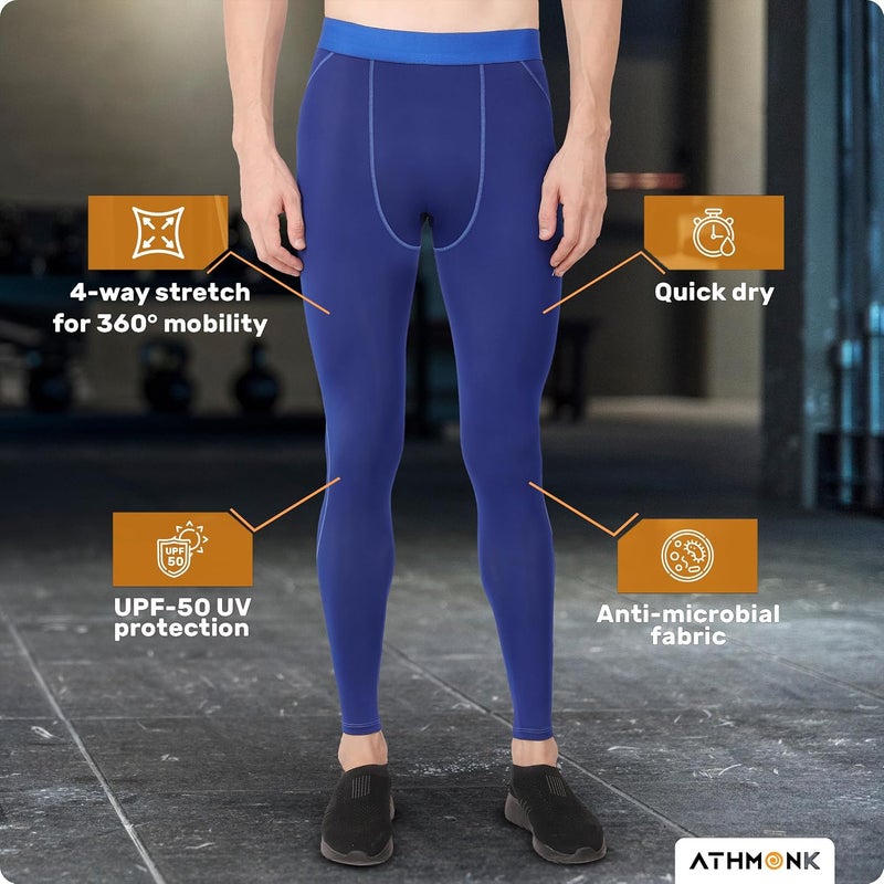 Athmonk Compression Nylon Lycra Lower Leggings Tights Yoga Pants for Men Boys - Workout Gym Exercise Running Cycling Training - Full Leg Sleeves - Cold Weather Sports Inner - Skinny Fit - Image 3