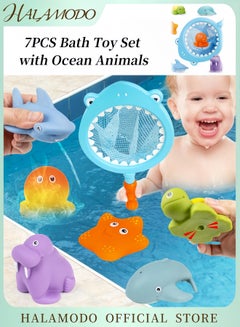 7PCS Bath Toy Set with Ocean Animals Bath Squirters & Fishing Net Water Spraying Discoloration Floating Animals Fishing Floating Animals Squirts Toys Bathroom Pool  Accessory Shark Fishing Play Set for Toddlers Kids