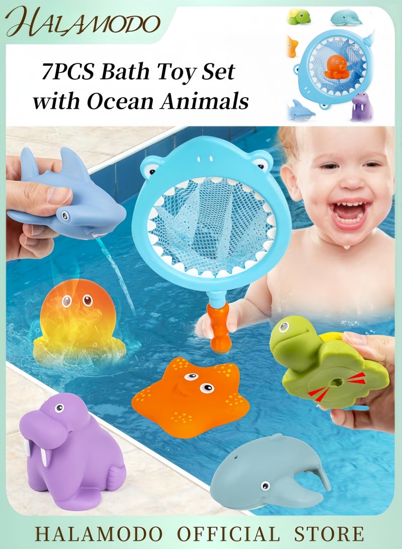 HALAMODO - 7PCS Bath Toy Set with Ocean Animals Bath Squirters & Fishing Net Water Spraying Discoloration Floating Animals Fishing Floating Animals Squirts Toys Bathroom Pool  Accessory Shark Fishing Play Set for Toddlers Kids - Image 1
