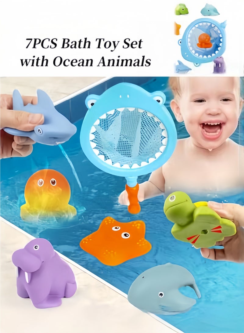 Halamodo 7PCS Bath Toy Set with Ocean Animals Bath Squirters & Fishing Net Water Spraying Discoloration Floating Animals Fishing Floating Animals Squirts Toys Bathroom Pool  Accessory Shark Fishing Play Set for Toddlers Kids - Image 1