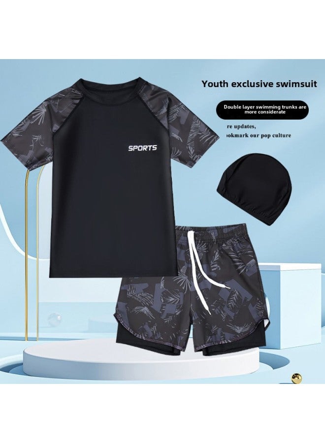 Generic Children's Swimming Suit For Boys Split Middle And Big Children Adolescent Junior High School Boys Professional Quick-drying Swimming Trunks For Fat Boys Suit-Color:9808-Black Leaves-Size:180 Recommended 77.50 Kg-95.00 Kg  - Image 1