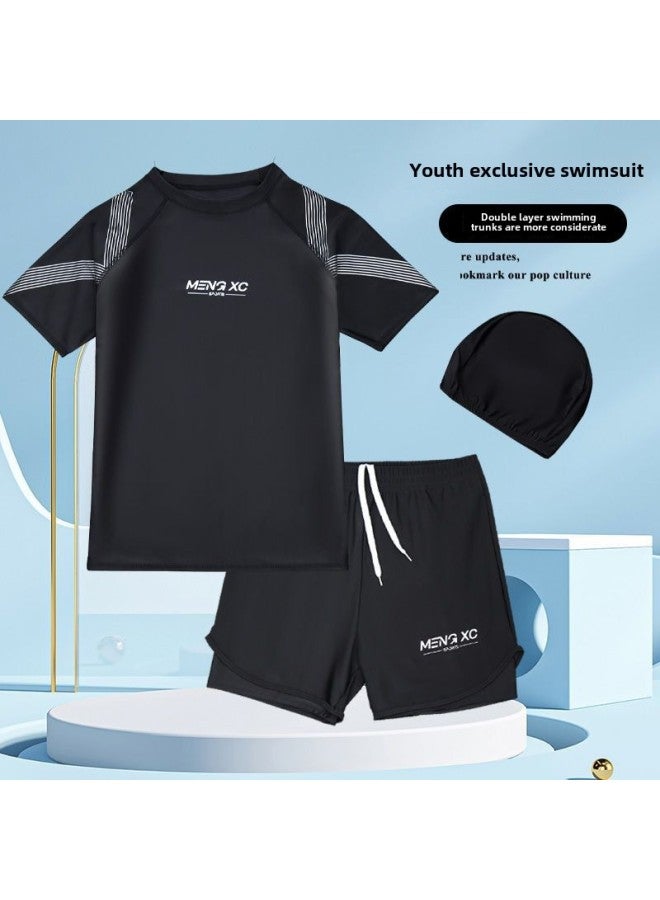 Generic Children's Swimming Suit For Boys Split Middle And Big Children Adolescent Junior High School Boys Professional Quick-drying Swimming Trunks For Fat Boys Suit-Color:9808-Black Leaves-Size:180 Recommended 77.50 Kg-95.00 Kg  - Image 4