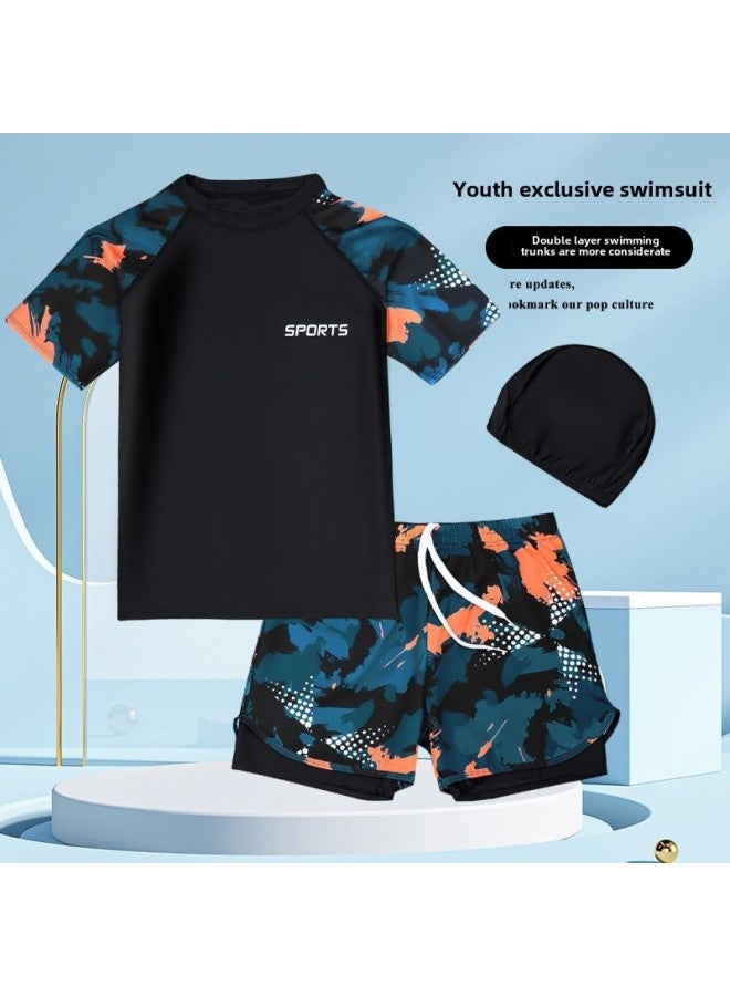 Generic Children's Swimming Suit For Boys Split Middle And Big Children Adolescent Junior High School Boys Professional Quick-drying Swimming Trunks For Fat Boys Suit-Color:9808-Black Leaves-Size:180 Recommended 77.50 Kg-95.00 Kg  - Image 2