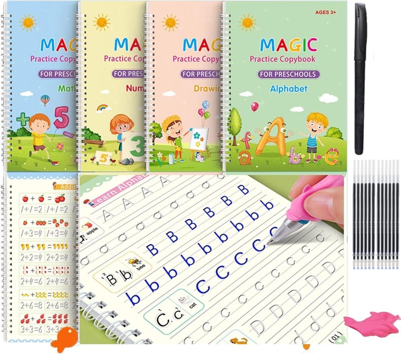 Eclet Magic Book for Kids, Sank Magic Practice Copybook, (4 Book+10 Refill+1 Pen+1 Grip) Number Tracing Book for Pre-Schoolers with Pen, Magic Calligraphy Copybook Set Writing Tool for Kids(A) - Image 1