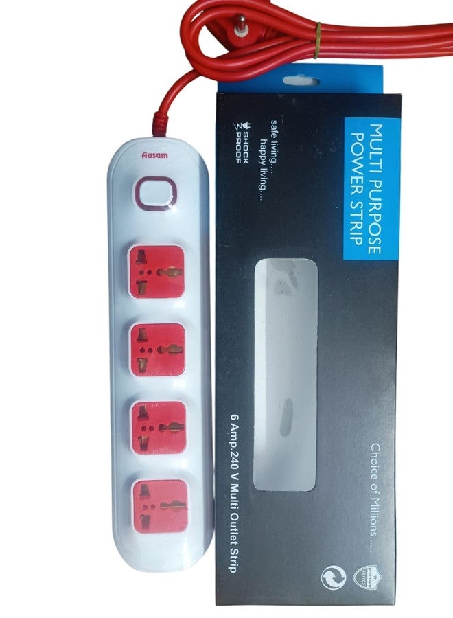 Ausam Multi-Purpose Power Strip, 4 Universal Sockets, 240V, Master Switch, Red and White - Image 1