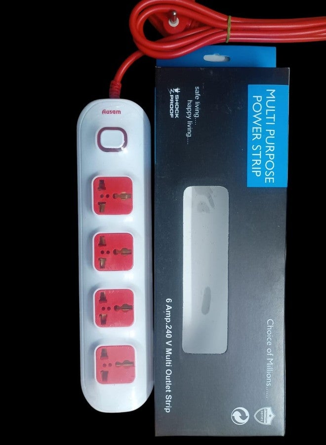 Ausam Multi-Purpose Power Strip, 4 Universal Sockets, 240V, Master Switch, Red and White - Image 2
