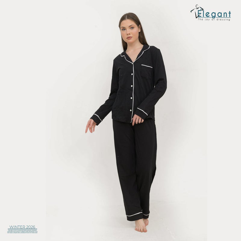 Elegant Cotton Long sleeves Wide Leg Classic PJ - Black - Image 3