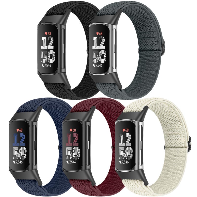 Bcuckood 5 Pack Elastic Nylon Watch Bands Compatible for Fitbit Charge 6/Fitbit Charge 5, Adjustable Breathable Replacement Stretchy Nylon Loop Wristband Sport Strap for Women Men - Image 1