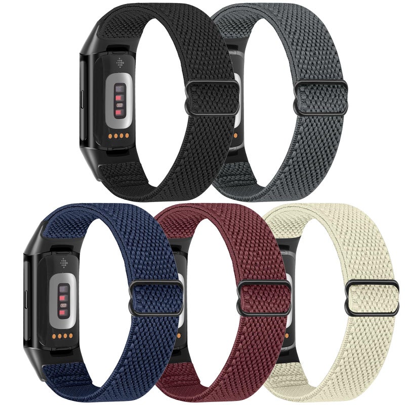 Bcuckood 5 Pack Elastic Nylon Watch Bands Compatible for Fitbit Charge 6/Fitbit Charge 5, Adjustable Breathable Replacement Stretchy Nylon Loop Wristband Sport Strap for Women Men - Image 2