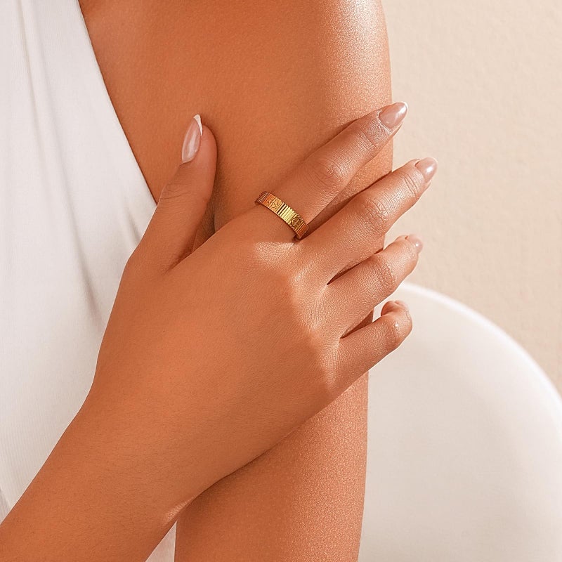 PDWZNBA Linear Stripe Textured Ring | 14K Gold-Plated Stainless Steel Promise & Friendship Ring, Wedding Band, Birthday Gifts for Women - Image 2