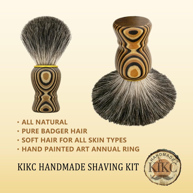 Kikc فرشاة حلاقة مصنوعة يدويًا من شعر ثعلب البحر KIKC للحلاقة الرطبة، شعيرات ناعمة، مقبض خشبي مزخرف بحلقة سنوية، أفضل هدية للرجل ذو اللحية - Image 4