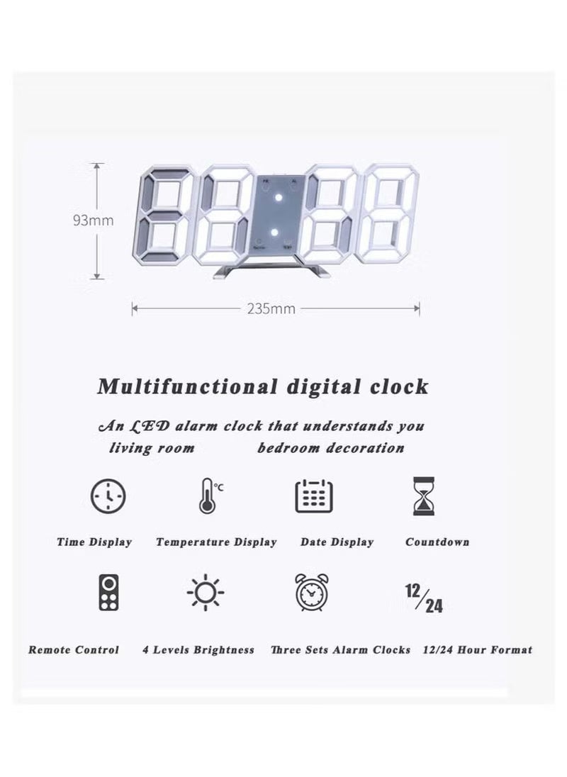 3D Wall Led Alarm Digital Clock White Number Time Clock with Automatic Brightness Adjustable, 12/24 Hr Time/Date Temperature Display, Electric Nightlight Alarm Clock for Modern Home Decoration