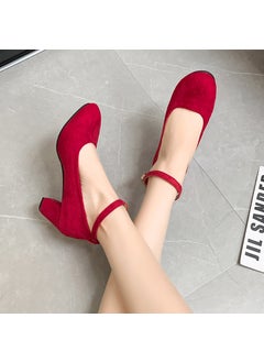 Fashionable Womens High Heels 2024 Spring Autumn New Style One-Row Buckle Thick Heel Single Shoe Velvet Surface Wedding Shoe Red