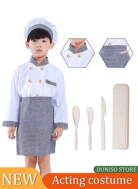 Children's chef costume, suitable for boys and girls to wear chef prop costumes, role-playing sets, equipped with aprons, hats, and toy sets, suitable for heights of 110 to 130 centimeters