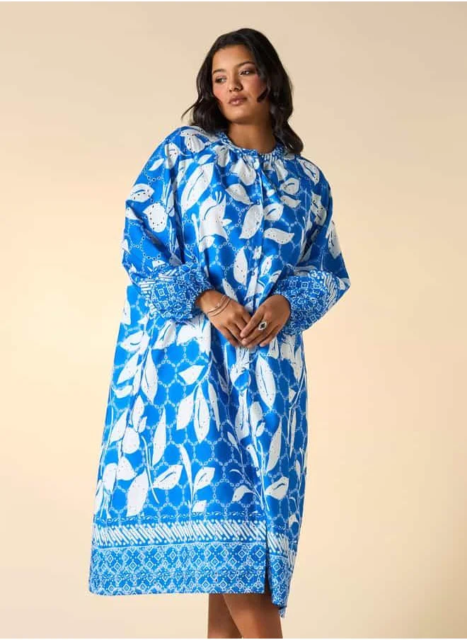  أولا بوبكن Plus Size Ulla Popken All-Over Print Dress with Volume Sleeves