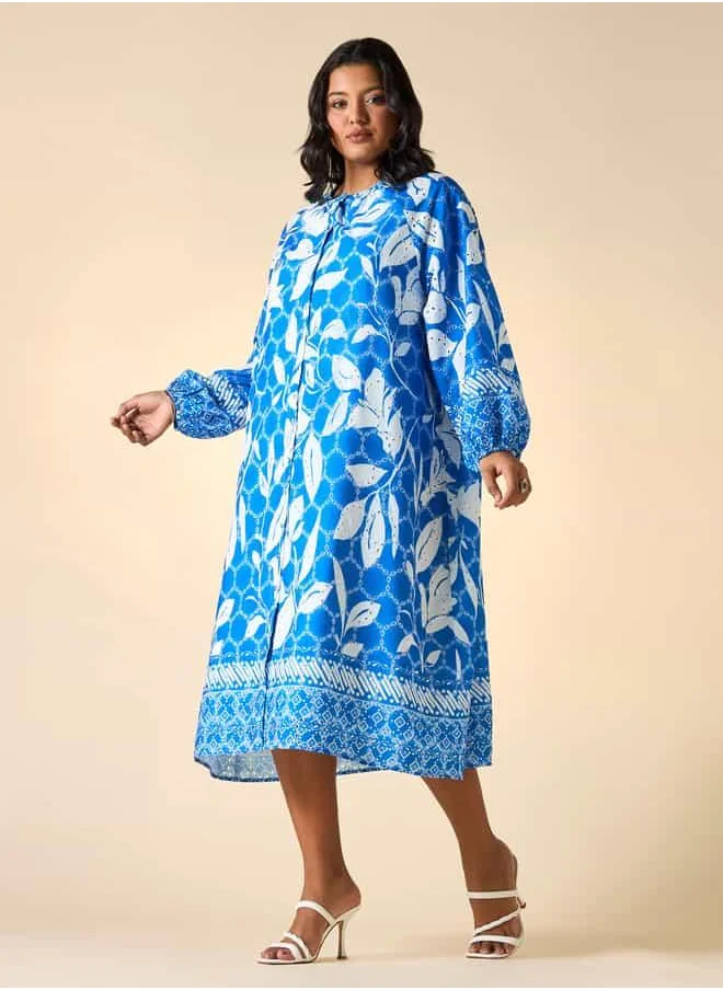 Ulla Popken Plus Size Ulla Popken All-Over Print Dress with Volume Sleeves