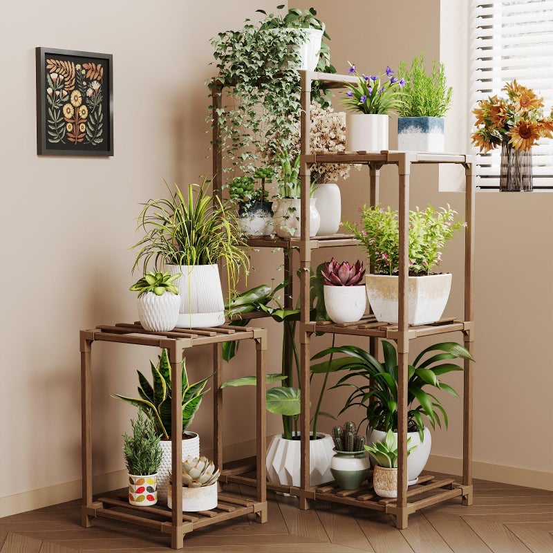 Bamworld Plant Stand Indoor Corner Plant Shelf Wood Plant Holder for Multiple Plants Tall Flower Stands Plants Table Rack Garden Patio Lawn Window 03H, Brown - Image 1