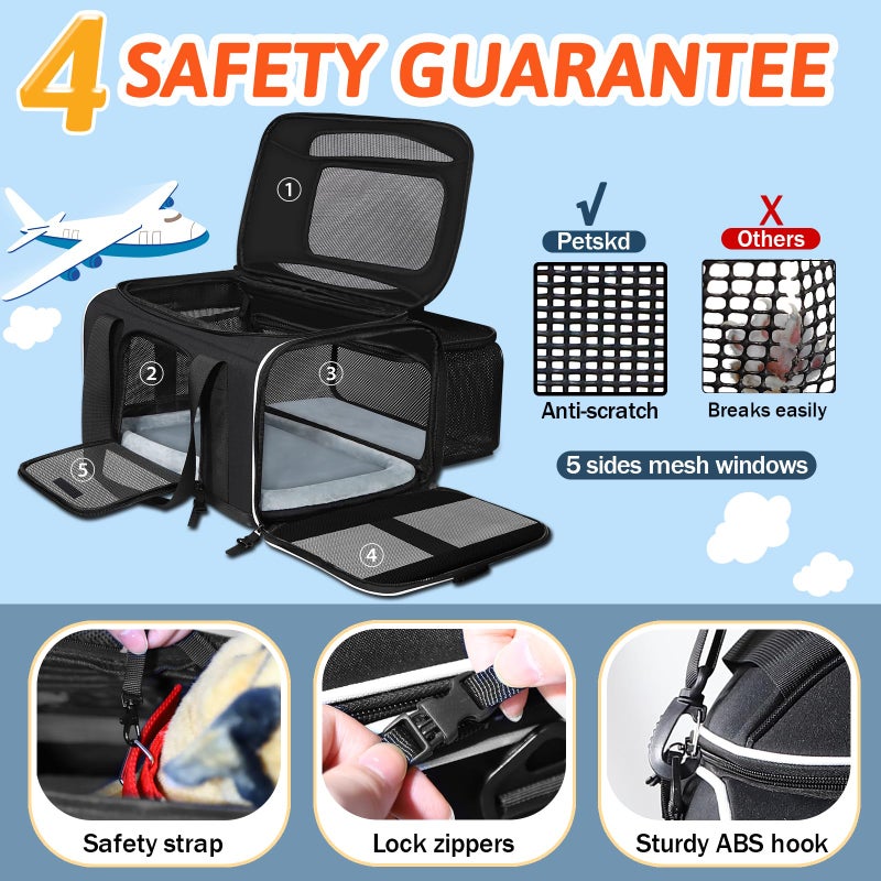 Petskd Top and Side Expandable Pet Carrier 18x11x11 Inches Delta United Airline Approved, Soft-Sided Carrier for Small Cats and Dogs with Locking Safety Zippers and Anti-Scratch Mesh(Black) - Image 5
