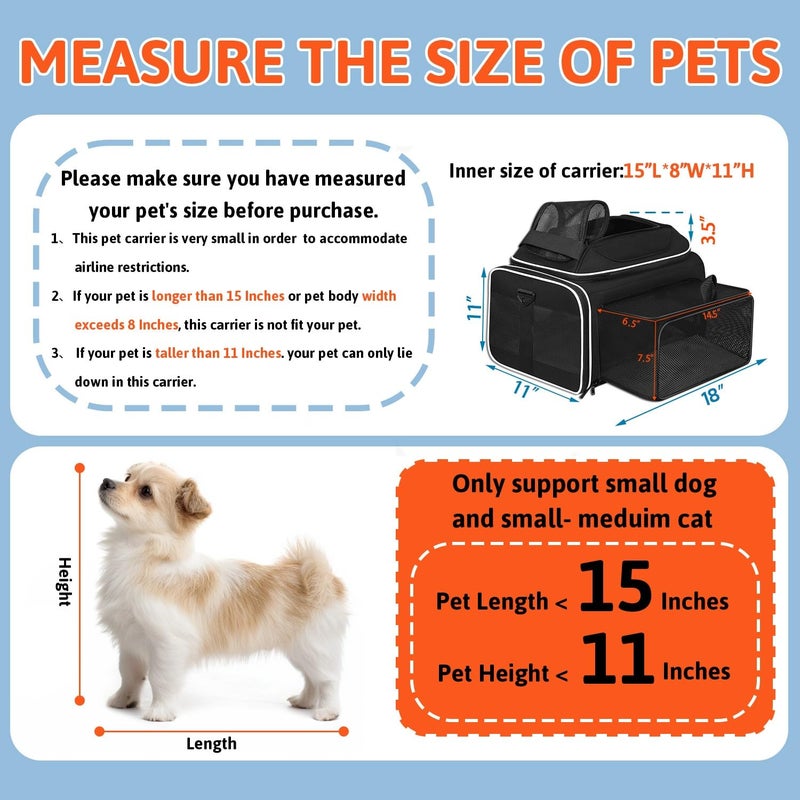 Petskd Top and Side Expandable Pet Carrier 18x11x11 Inches Delta United Airline Approved, Soft-Sided Carrier for Small Cats and Dogs with Locking Safety Zippers and Anti-Scratch Mesh(Black) - Image 3